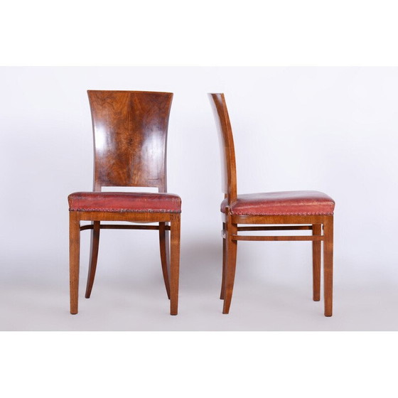 Image 1 of Set van 6 vintage Art Deco stoelen van walnoot en rood leer, Frankrijk 1920