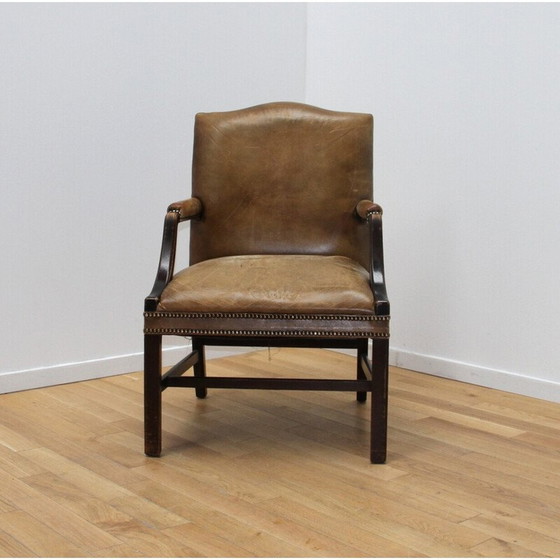 Image 1 of Vintage fauteuils in donker hout en bruin leer