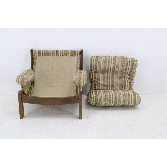 Image 1 of Vintage fauteuil met eikenhouten kruk, Tsjecho-Slowakije 1970