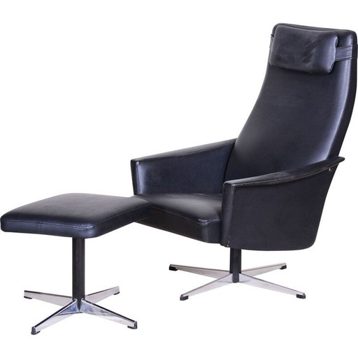 Vintage veganistisch lederen Bauhaus draaifauteuil met voetensteun, 1960