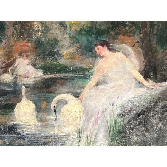 Image 1 of Vintage schilderij "De vrouw met de zwaan" door Luis Sánchez de La Peña, Spanje 1914