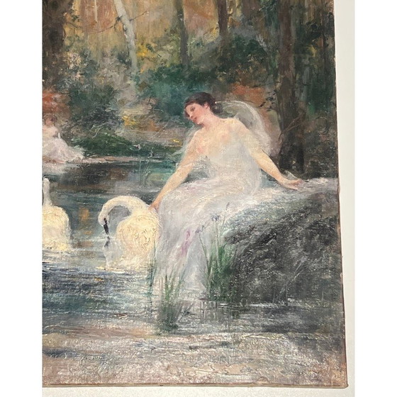 Image 1 of Vintage schilderij "De vrouw met de zwaan" door Luis Sánchez de La Peña, Spanje 1914