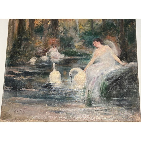 Image 1 of Vintage schilderij "De vrouw met de zwaan" door Luis Sánchez de La Peña, Spanje 1914
