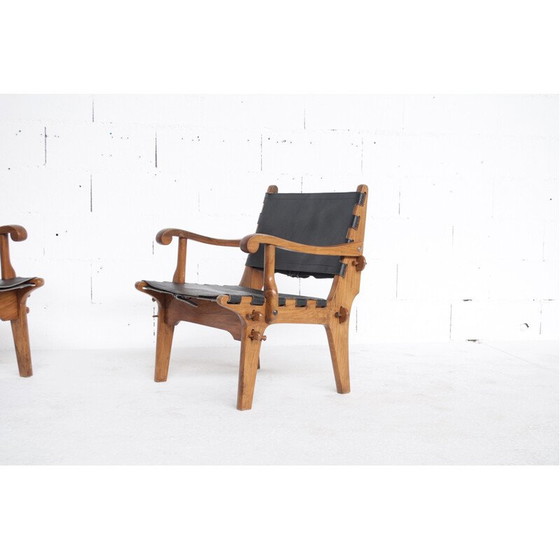 Image 1 of Paar vintage teakhouten en leren fauteuils van Angel Pazmino, VS 1960