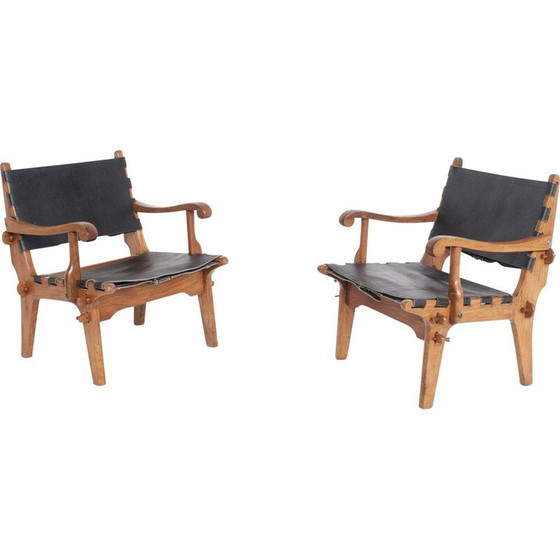 Image 1 of Paar vintage teakhouten en leren fauteuils van Angel Pazmino, VS 1960