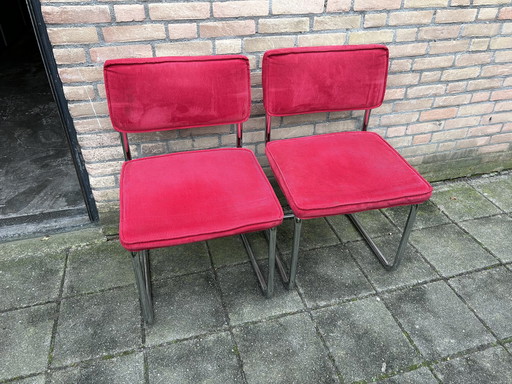 2x VIntage Rode Ribstof Stoelen