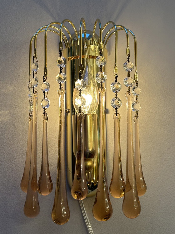 Image 1 of Set Van 2 Roze Teardrop Wandlampen Vintage Kristallen Pegels Goud Frame 