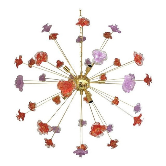 Image 1 of Hedendaagse kroonluchter met rood en violette bloemen van Murano glas