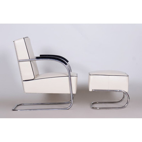 Image 1 of Vintage wit lederen fauteuil met voetenbankje van Mucke Melder, Tsjecho-Slowakije 1930
