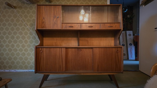 Deens Teakhouten Highboard Met Glazen Ruitjes