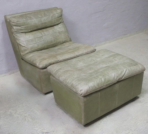 Laauser Armloze Patchwork Loungestoel en Ottoman in Olijfgroen Leer, 1970S