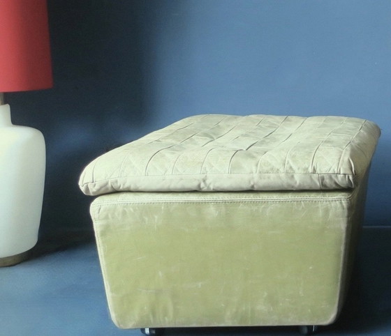 Image 1 of Laauser Armloze Patchwork Loungestoel en Ottoman in Olijfgroen Leer, 1970S