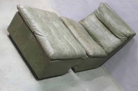 Image 1 of Laauser Armloze Patchwork Loungestoel en Ottoman in Olijfgroen Leer, 1970S