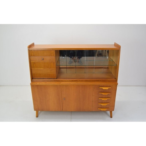 Vintage eikenhouten en glazen secretaire, Tsjechoslowakije 1960