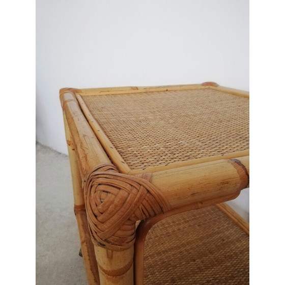Image 1 of Vintage serveertafel met wielen & twee rotan en bamboe planken, Italië 1970