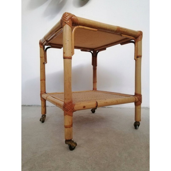 Image 1 of Vintage serveertafel met wielen & twee rotan en bamboe planken, Italië 1970