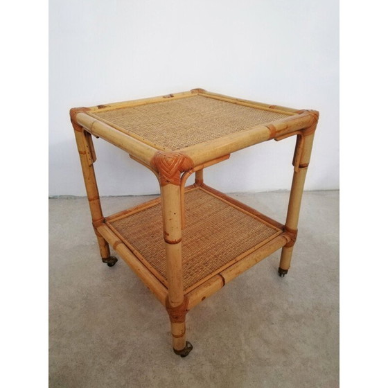 Image 1 of Vintage serveertafel met wielen & twee rotan en bamboe planken, Italië 1970