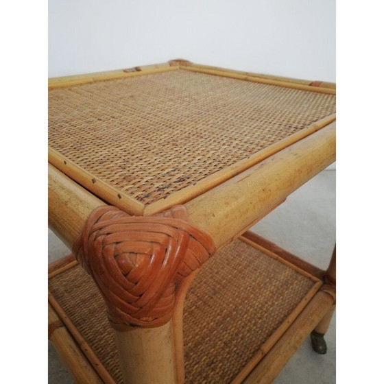 Image 1 of Vintage serveertafel met wielen & twee rotan en bamboe planken, Italië 1970