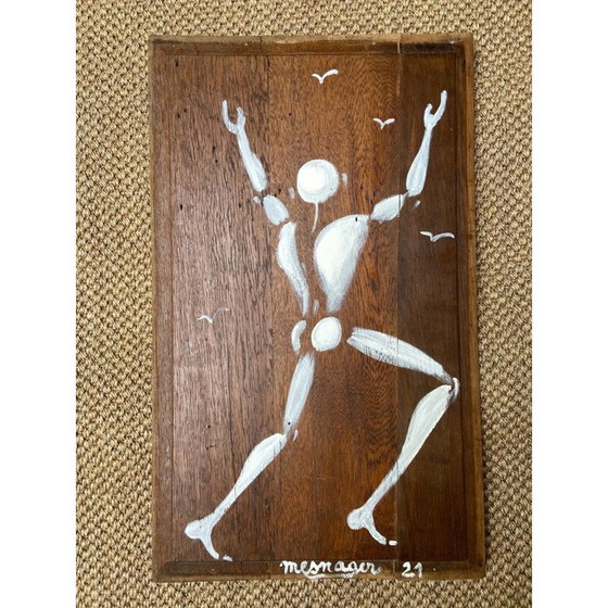Image 1 of Vintage gouache "man in het wit" op houten paneel door Mesnager, 2021