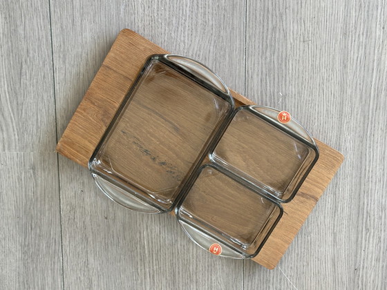 Image 1 of Teakhouten deens serveerset dienblad snack bakjes glas