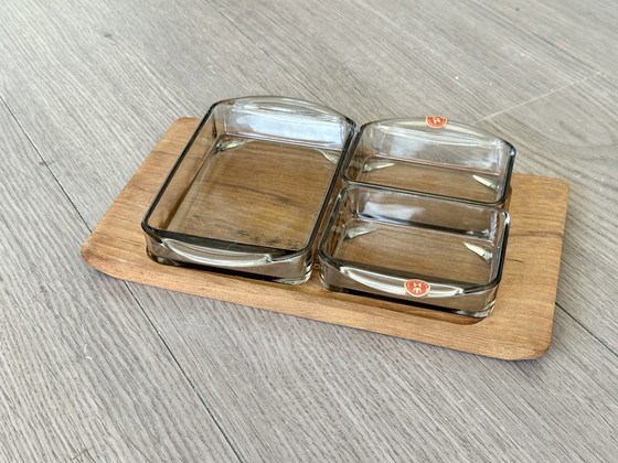 Image 1 of Teakhouten deens serveerset dienblad snack bakjes glas