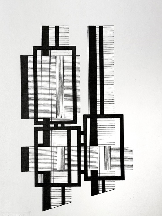 Image 1 of 2 Kunstwerken, Geometrische inktcompositie - Eugene Eechaut (1928-2019)