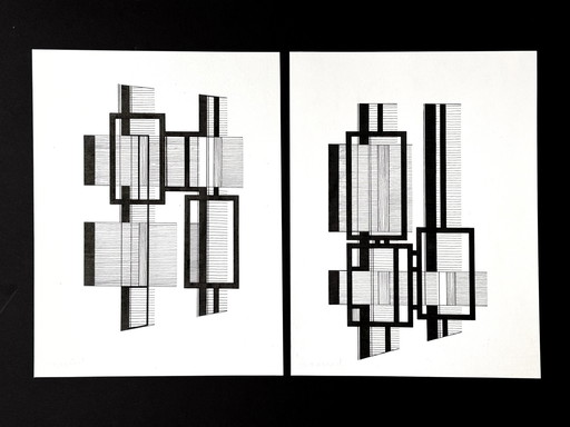 2 Kunstwerken, Geometrische inktcompositie - Eugene Eechaut (1928-2019)