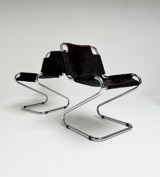 Image 1 of Set Micentury Stoelen (4) Bekleed Met Koeienhuid, 1970'S