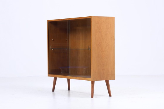 Image 1 of Vintage glazen ladekast jaren 60 | Mid Century vitrinekast gangkast | Retro houten opbergmeubel