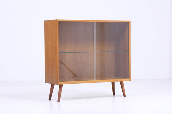 Image 1 of Vintage glazen ladekast jaren 60 | Mid Century vitrinekast gangkast | Retro houten opbergmeubel