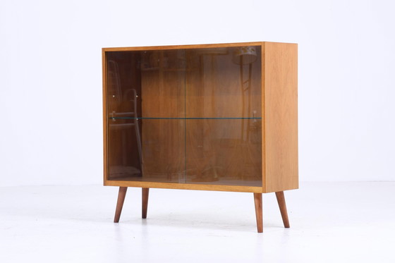 Image 1 of Vintage glazen ladekast jaren 60 | Mid Century vitrinekast gangkast | Retro houten opbergmeubel