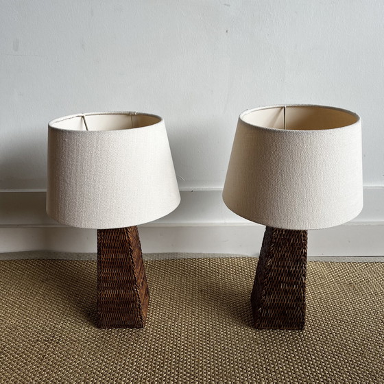 Image 1 of Set Van 2 Rotan Rieten Tafellampen Birma Vintage