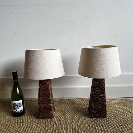 Image 1 of Set Van 2 Rotan Rieten Tafellampen Birma Vintage