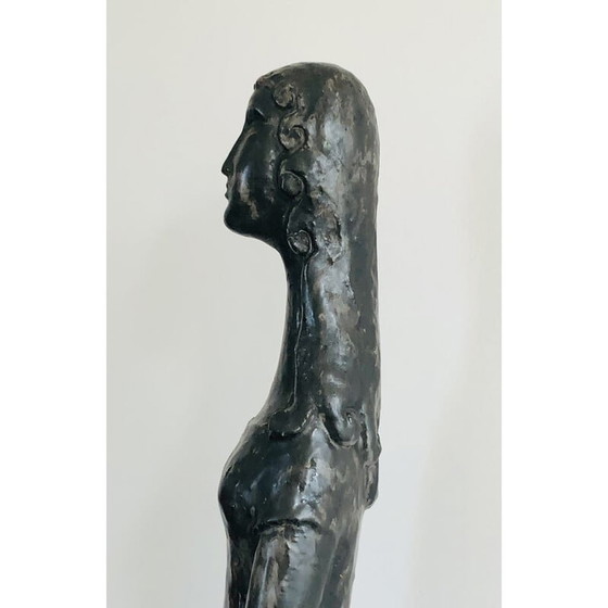 Image 1 of Vintage sculptuur "Femme à l'oiseau" van zwart geglazuurd keramiek door Paulette Toma, Frankrijk 1960