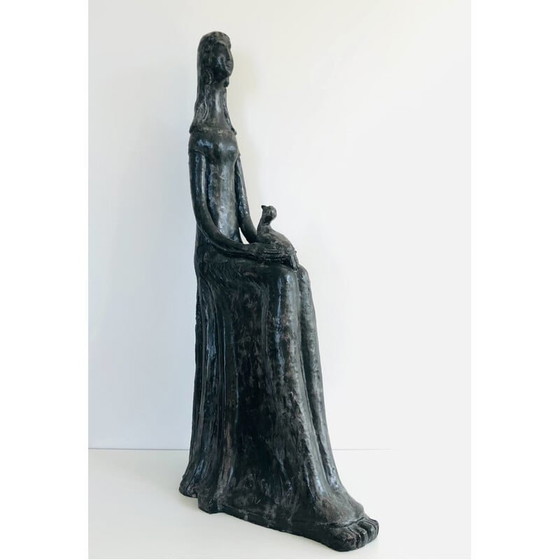 Image 1 of Vintage sculptuur "Femme à l'oiseau" van zwart geglazuurd keramiek door Paulette Toma, Frankrijk 1960