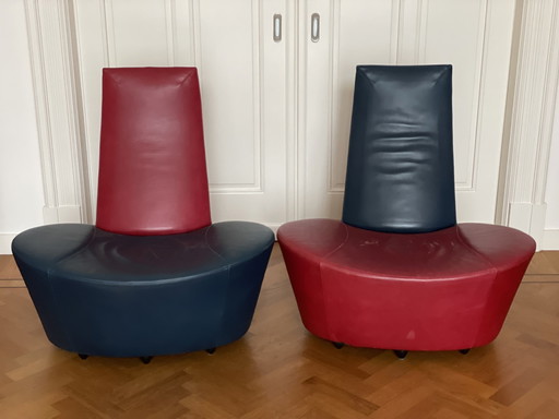 Exclusieve Set Van Twee Mooie Montis Fauteuil Rood En Blauw (Gespiegeld)