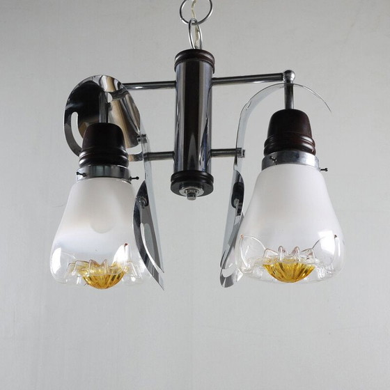 Image 1 of Vintage italiaanse kroonluchter in chroom hout en glas Italië 1970