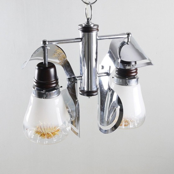 Image 1 of Vintage italiaanse kroonluchter in chroom hout en glas Italië 1970