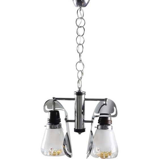 Image 1 of Vintage italiaanse kroonluchter in chroom hout en glas Italië 1970