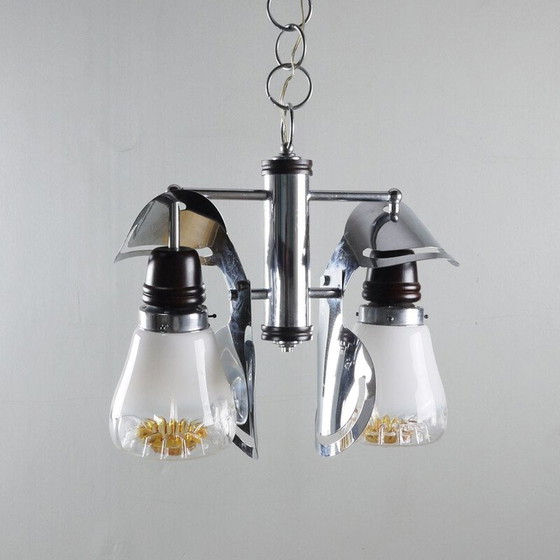 Image 1 of Vintage italiaanse kroonluchter in chroom hout en glas Italië 1970