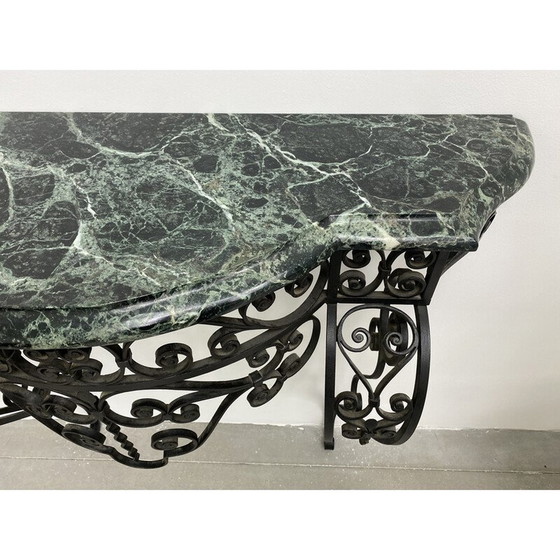 Image 1 of Vintage Art Deco console van smeedijzer en groen Alpenmarmer