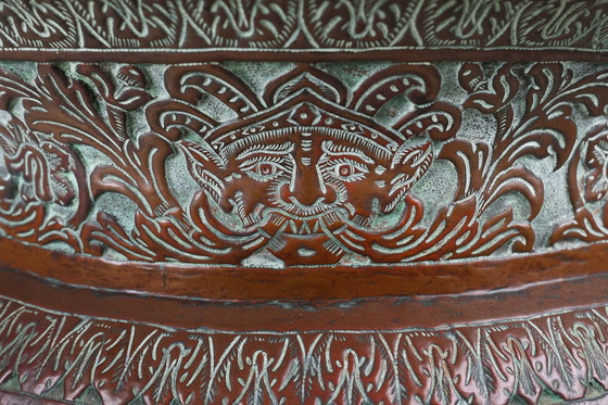 Image 1 of Antieke Ottomaanse ronde gegraveerde koperen voorraadpot, ca. 1850