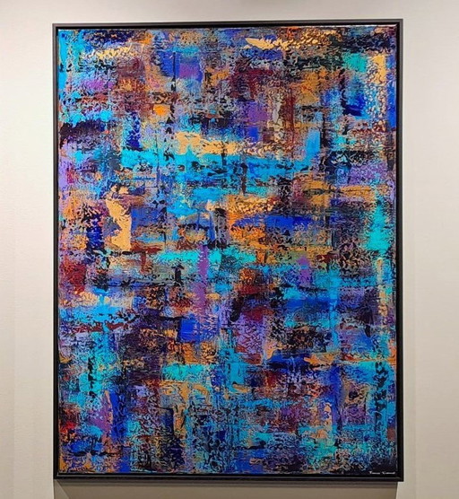 Frances Eckhardt - Abstract Schilderij 90X120 Cm + Lijst  Blauw Nr. 02