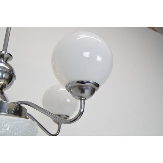 Image 1 of Vintage Art Deco kroonluchter in glas, metaal en chroom, Tsjecho-Slowakije jaren 1930