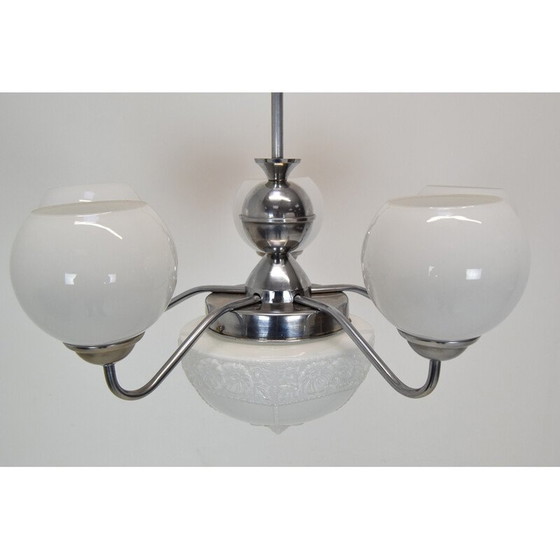 Image 1 of Vintage Art Deco kroonluchter in glas, metaal en chroom, Tsjecho-Slowakije jaren 1930