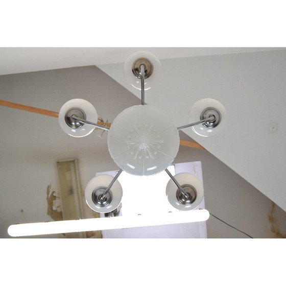 Image 1 of Vintage Art Deco kroonluchter in glas, metaal en chroom, Tsjecho-Slowakije jaren 1930