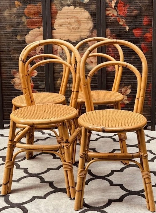 4 Vintage Bamboe Eetkamerstoelen Met Webbing Zitting In Thonet Model 14