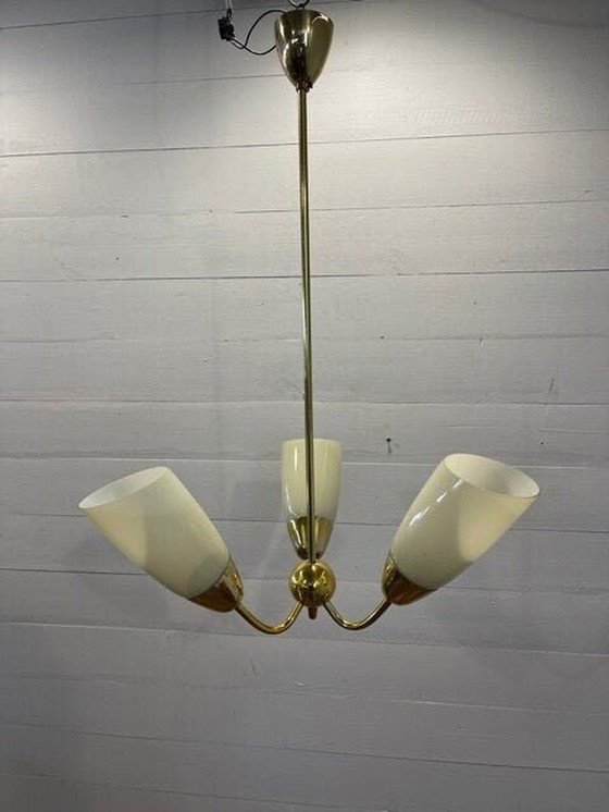 Image 1 of Vintage hanglamp ArtDeco 3 armen geel glas en messing