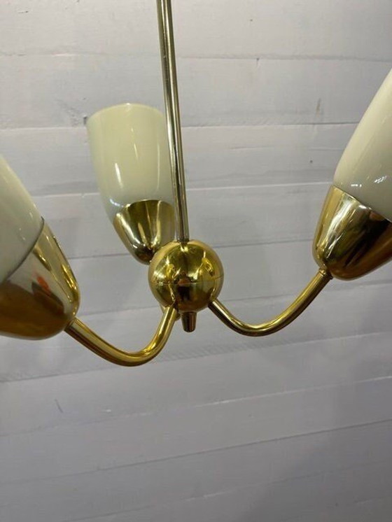 Image 1 of Vintage hanglamp ArtDeco 3 armen geel glas en messing