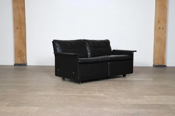 Image 1 of Dieter Rams Model 620 Tweezitsbank Met Ottoman In Zwart Leer Voor Vitsoe, 1980S